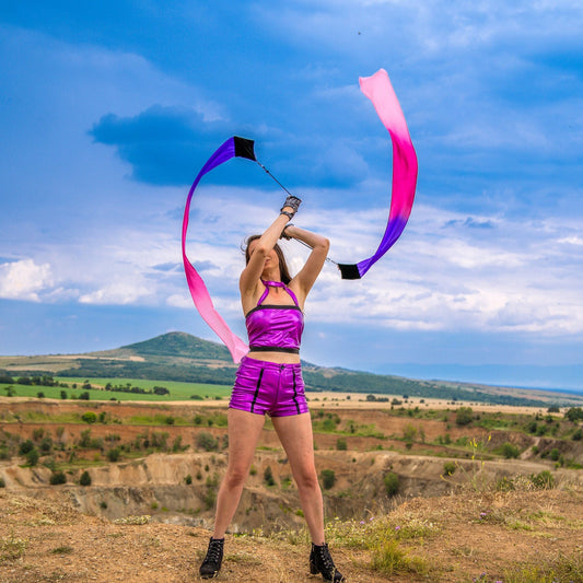 Wind Poi ribbon fabric with silk tail - pink flag poi